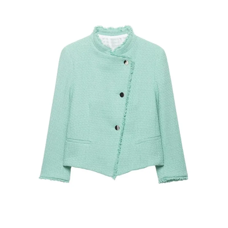 Women's Blazer Coat Autumn New Round Neck Long Sleeve Buttons Frayed Trims Coats Fashion Commute Female Slim Short Outerwear