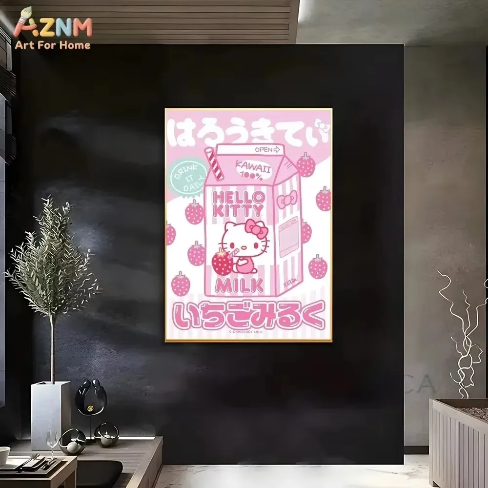 AZNM Hello Kitty Strawberry Milk Canvas Print Frameless Wall Art Pink Kawaii Cartoon Poster Girls Bedroom Home Decor Painting
