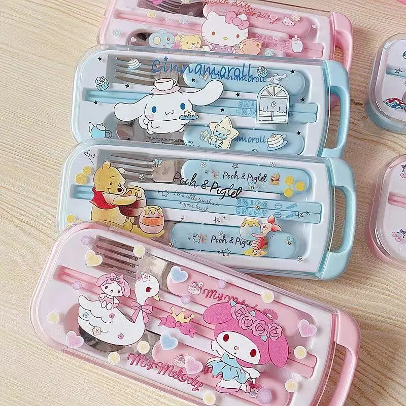 

My Melody Cinnamoroll Sanrio Kawaii Anime Fork Chopsticks Spoon Pochacco Cartoon Cute Portable Travel Tableware Set Girls Toys