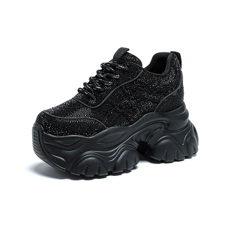 9cm Women Sneakers Spring Lace-Up Casual Working Shoes Wearing Shoes High Brand Platform Wedge Silver Crystal Outside