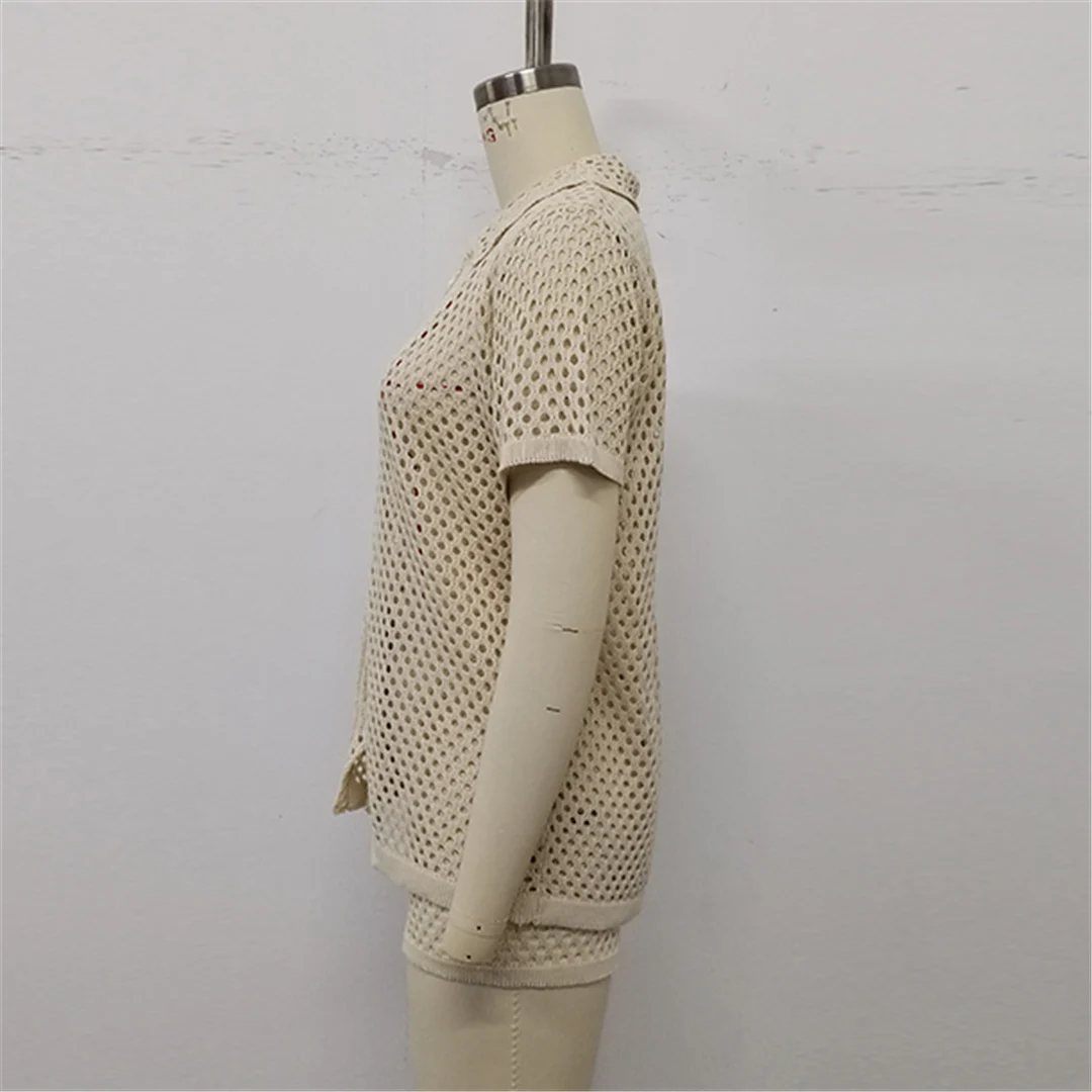 Kurzarm-Häkel-Strick-2-Teiler-Set, Tunika, Strand-Überwurf, Strandshorts, Strandkleidung, Damen V6744 – Detail 13