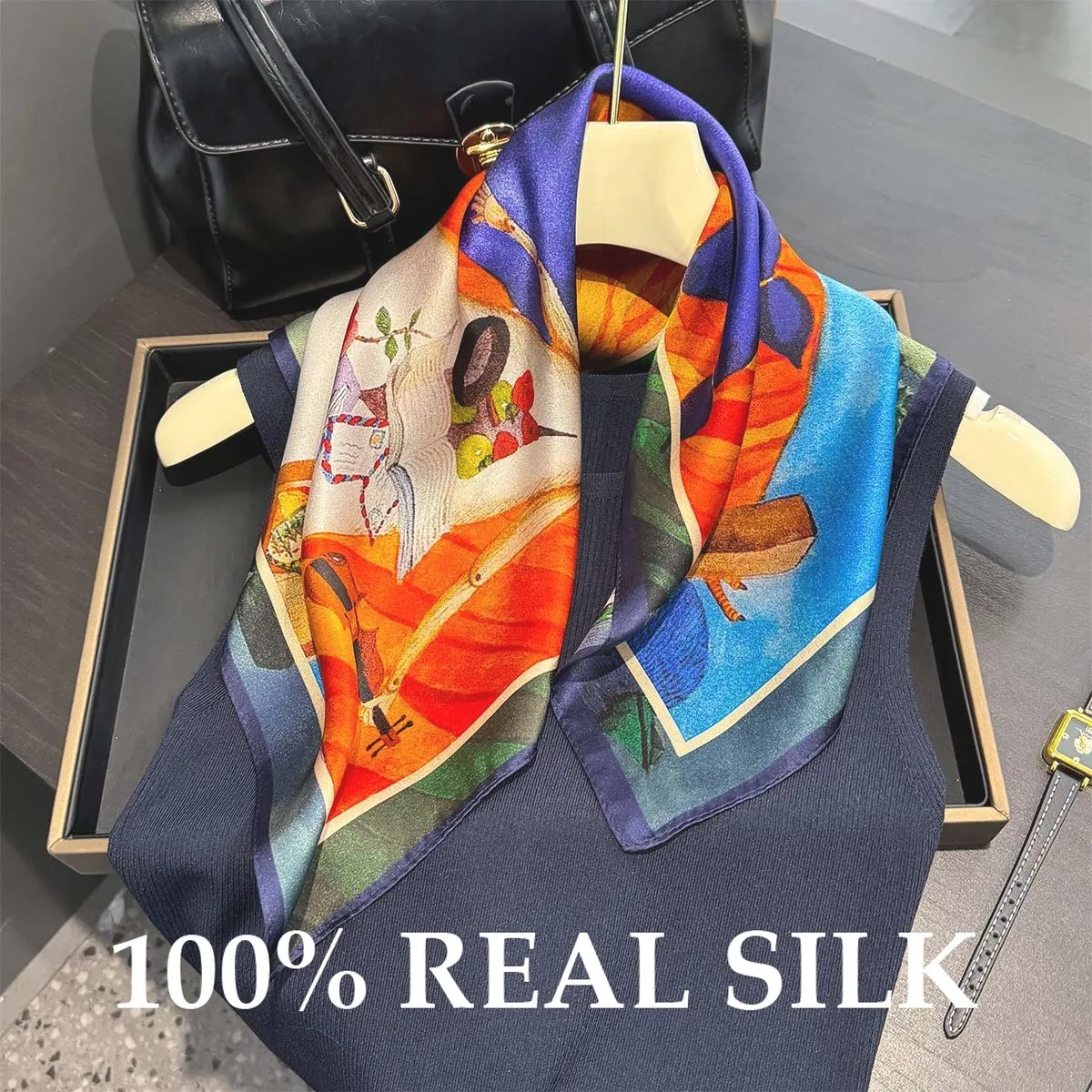 

New Luxury Women 100% Silk Pure Designer Scarf Fashion Square Printed Headscarf Sun Protection Light Breathable Scarves Headband