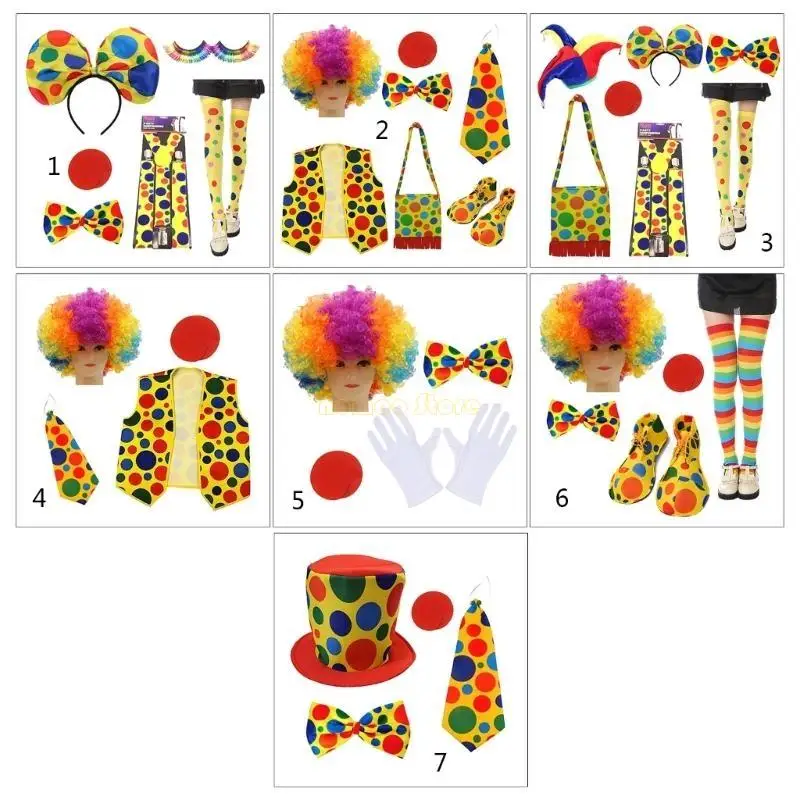 31BF Adultes Costume clown avec gants à col chapeau Gants bousculades Gants gilettes Sous-suspendants Red Nez