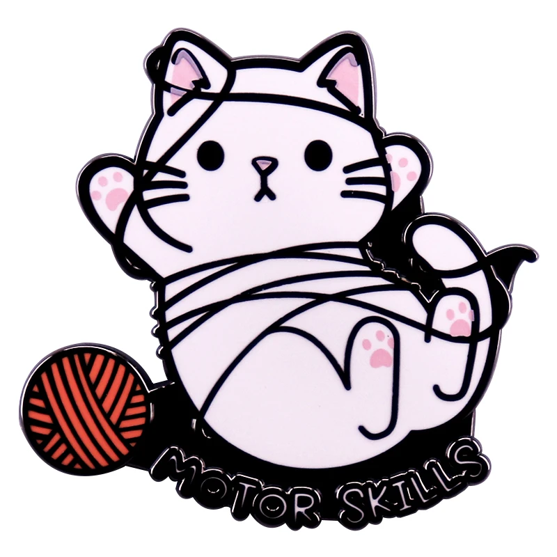 Cute White Cat And Ball Of Yarn Badge Motor Skills Enamel Pin Kawaii Kitten Lapel Pin