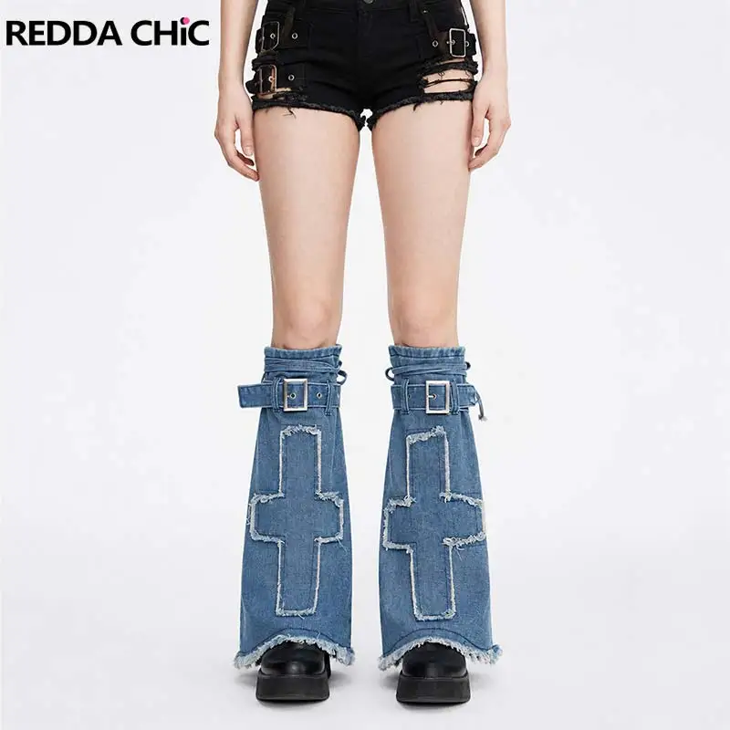 REDDACHiC Women's Flared Leg Warmers Cowgirl Cross Patches Knee Long Raw Hem Light Wash Denim Boots Cover Vintage Accessories