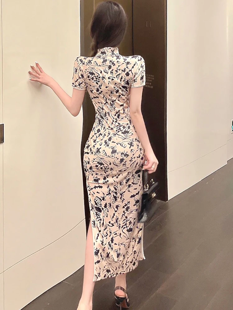 Zomer Print Korte Mouw Stand Kraag Slit Lange Jurk Vrouwen Vintage Bodycon Cheongsam Jurk 2025, Koreaanse Elegante Luxe Vestidos