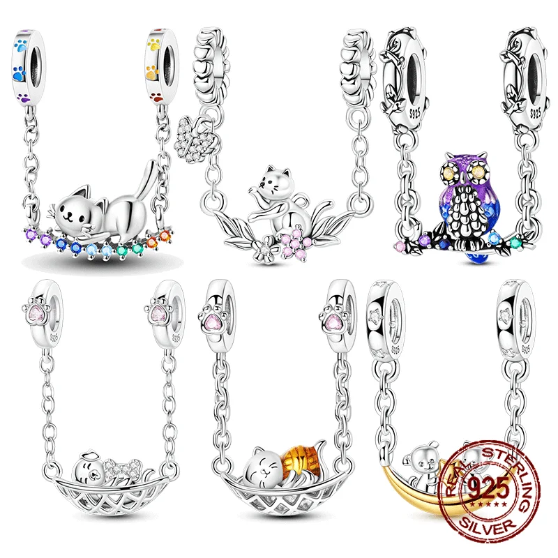 

Swinging Pendant Charms Bead 925 Sterling Silver Zircon Cat Dog Owl Bear Spacer Chain Dangle Fit Original Bracelet DIY Jewelry