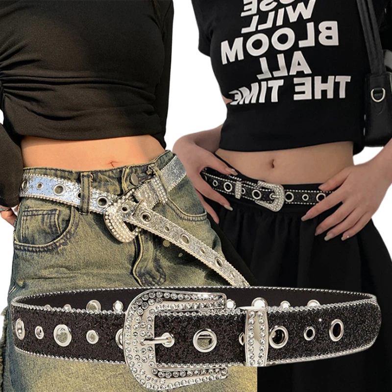 Y2K Punk Belts for Women Spice Girls Pink Black White Belt Denim Star PU Leather Rhinestones Bling Belt Ins Sweet Cool Belts