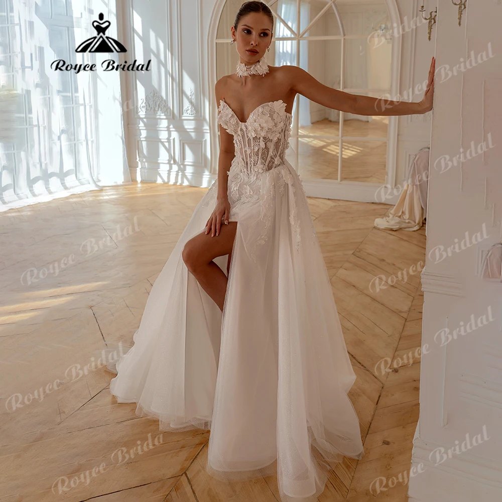 Sweetheart A Line Wedding Dress 3D Floral Lace Sparkle Tulle High Slit Convertible Halter Choker Bridal Gown Customized