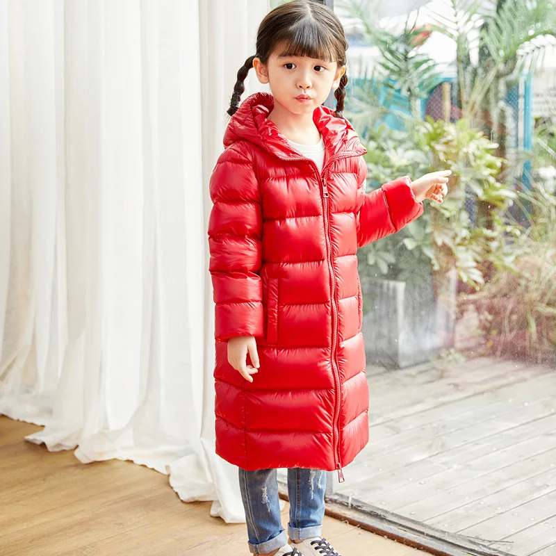 Kids Winter Warm Thicken Duck Down Jacket Long style 100-170 cm Overcoat Girl Boy Outwear Hooded Snow Wear Red Black