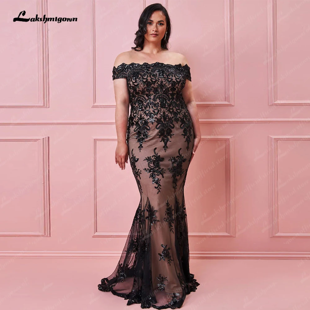 

Elegant Mother of the Bride Dress Plus Size Mermaid Dresses For Women Off The Shoulder Lace Boat Train with Pleats Sequin