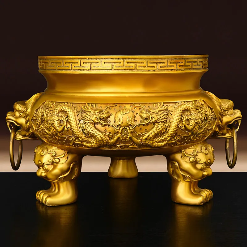Brass Burner Ornament with Two Dragons Playing with A Pearl Three-Legged Tripod with Animal Heads for Home