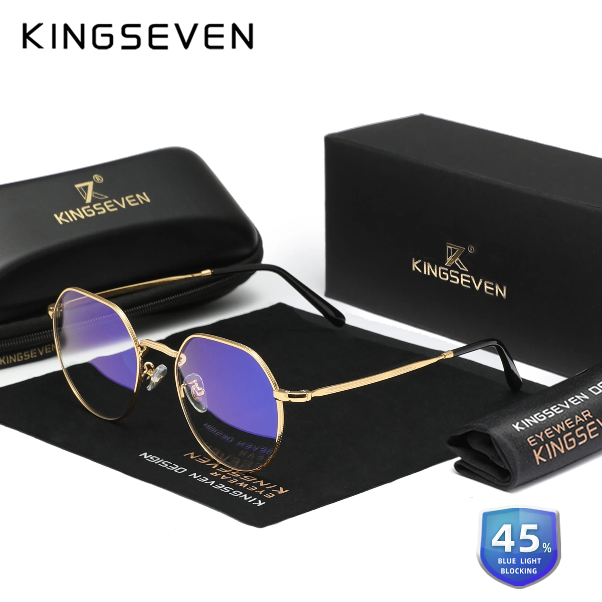 KINGSEVEN-gafas con lentes transparentes de aleación, montura redonda y delgada, antiluz azul, gafas decorativas con bloqueo de rayos azules para hombres y mujeres