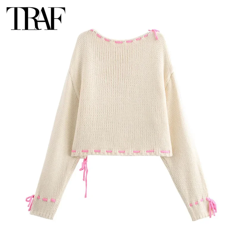 TRAF Butterfly Lace-Up Women\'s Sweaters Long Sleeve Pullovers Top Ladies Fashion Casual Cute ElegantBeige Knitted Sweater Top