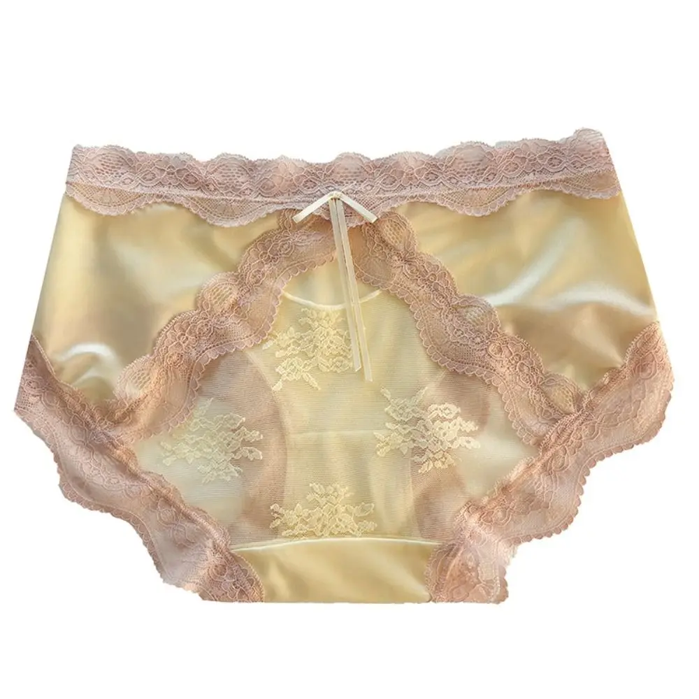 Delicate Mid Waist Lace Satin Panties Mesh Sweet Transparent Briefs Invisible Patchwork Underwear for Women Girls