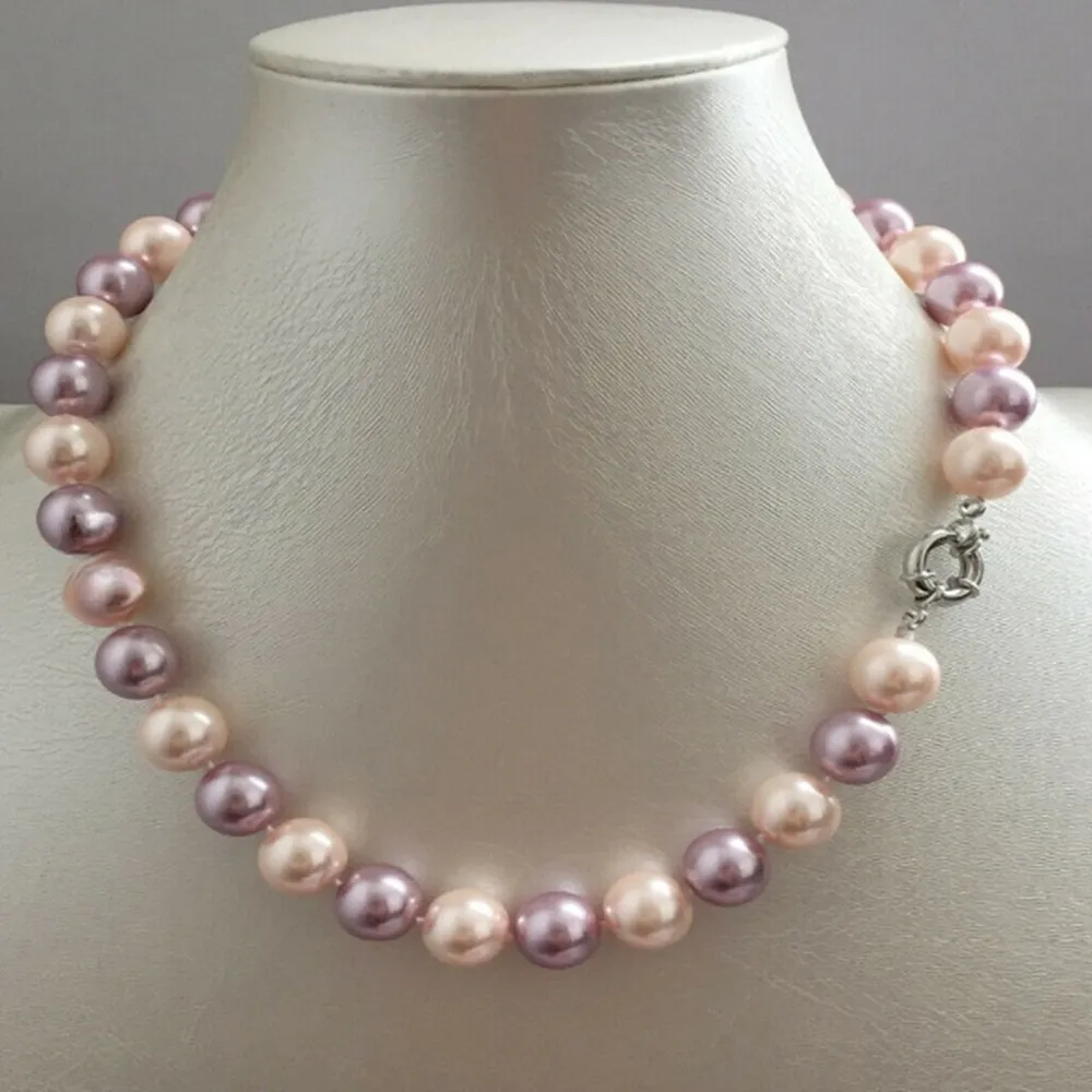 Hand knotted classic wedding necklace 12mm purple pink shell pearl fashion jewelry 18inch