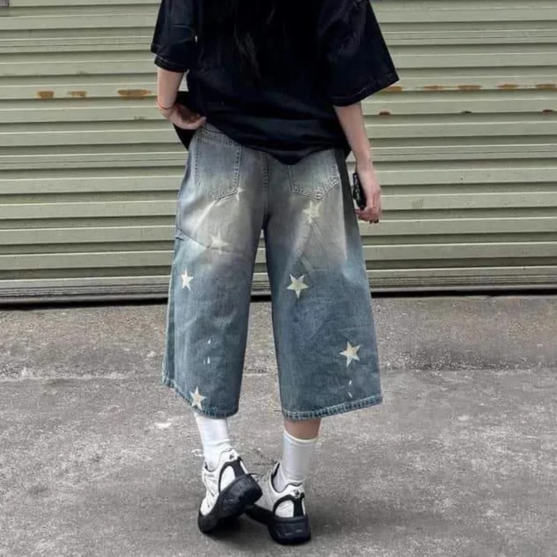 ريترو خمر فضفاض واسعة الساق الجينز أزياء المرأة ستار طباعة Y2K Harajuku الدنيم السراويل عارضة الشارع الشهير عالية الخصر غسلها السراويل