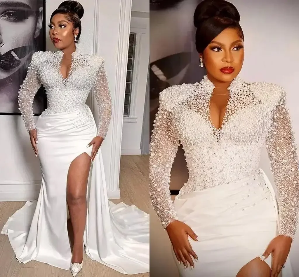 Perles personnalisées perles sirène robes de mariée col haut col en V arabe Aso Ebi manches longues robe de mariée grande taille côté Sexy