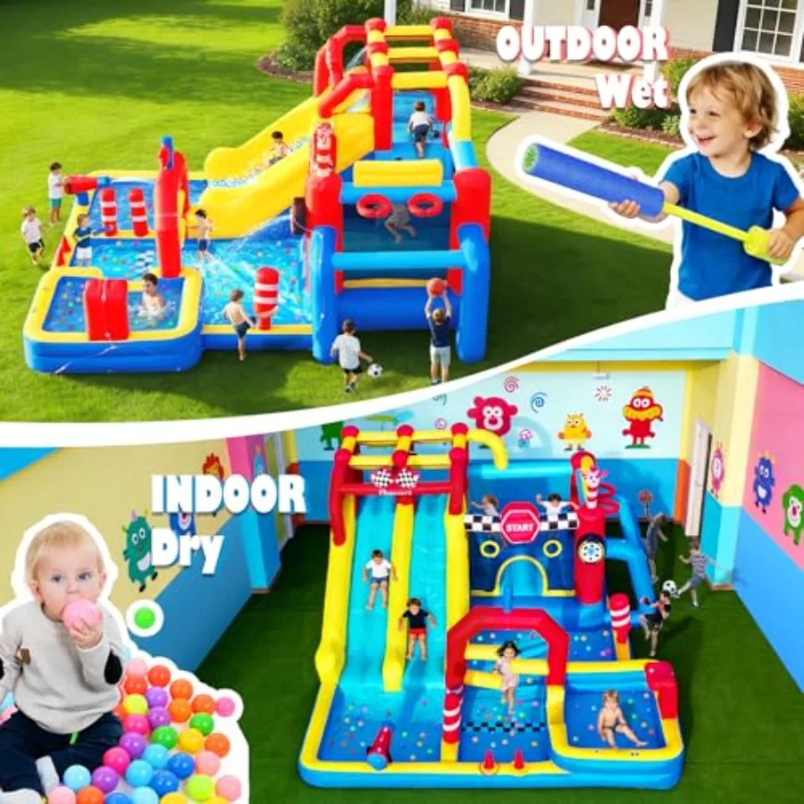 Inflatable Water Slide Bounce House for outdoor use, PVC material, blue and yellow, includes 750W blower, 12-in-1 design with d view 4