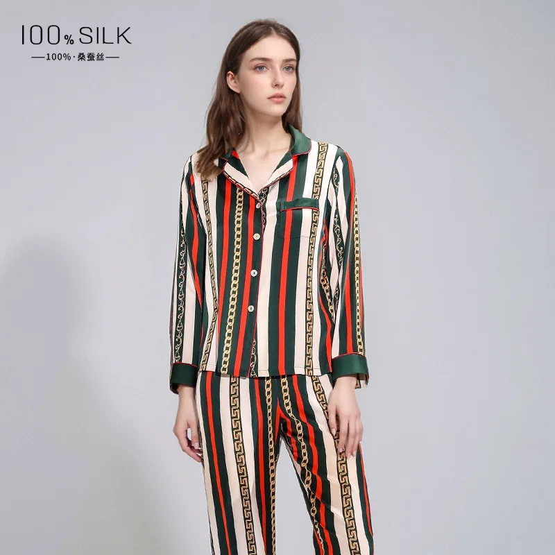 

100% Mulberry Silk Pajamas Two-piece Set Long Sleeve Chain Print Striped Pajama Nightwear Christmas Festive Cardigan Pijamas 2pc
