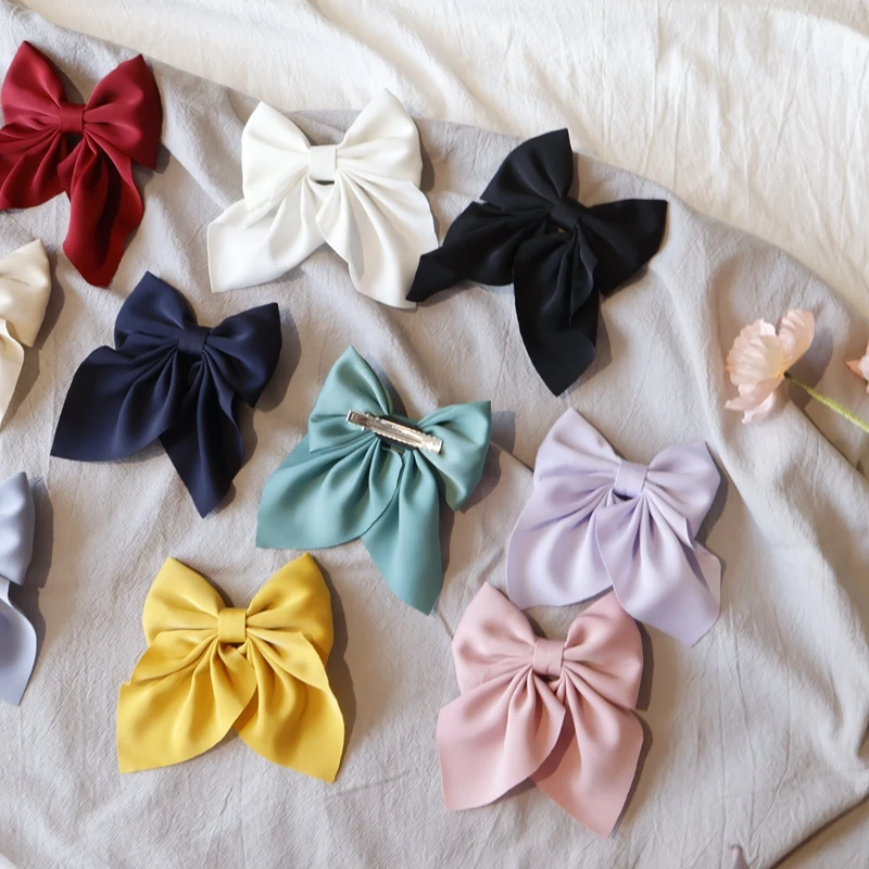 2PCS legant Bow Ribbon Hair Clip Fashion Simple Solid Satin Spring Clip Hair Pin Retro Headband  Clips Girls Hair Accessories