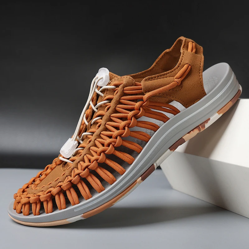 

Летние мужские сандалии с тканым дизайном, пляжные сандалии, дышащая повседневная римская мужская обувь на плоской подошве, уличные сандалии для пар