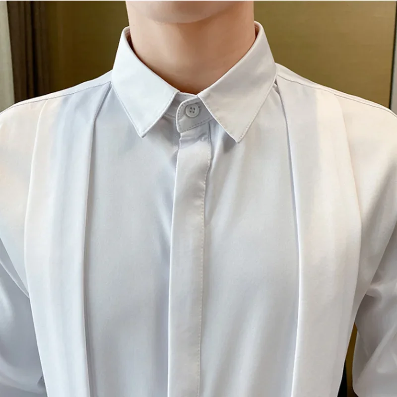 Plus Size 5XL-M Black/White New Fashion Fold Design Tuxedo Shirts 2022 Men Long Sleeve Slim Fit Casual Shirt Social Party Tops