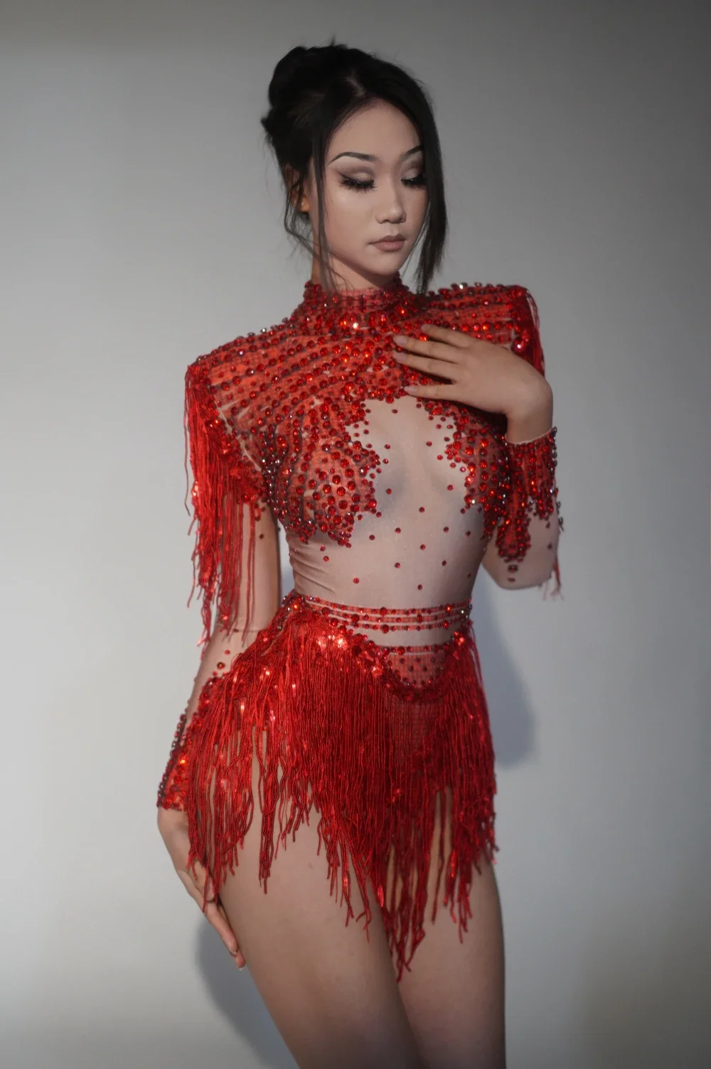 Rhinestones  Bodysuit Performance Dance Costume  Sequins Tassel Women Sexy Singer Dancer Stage Wear Birthday Outfit