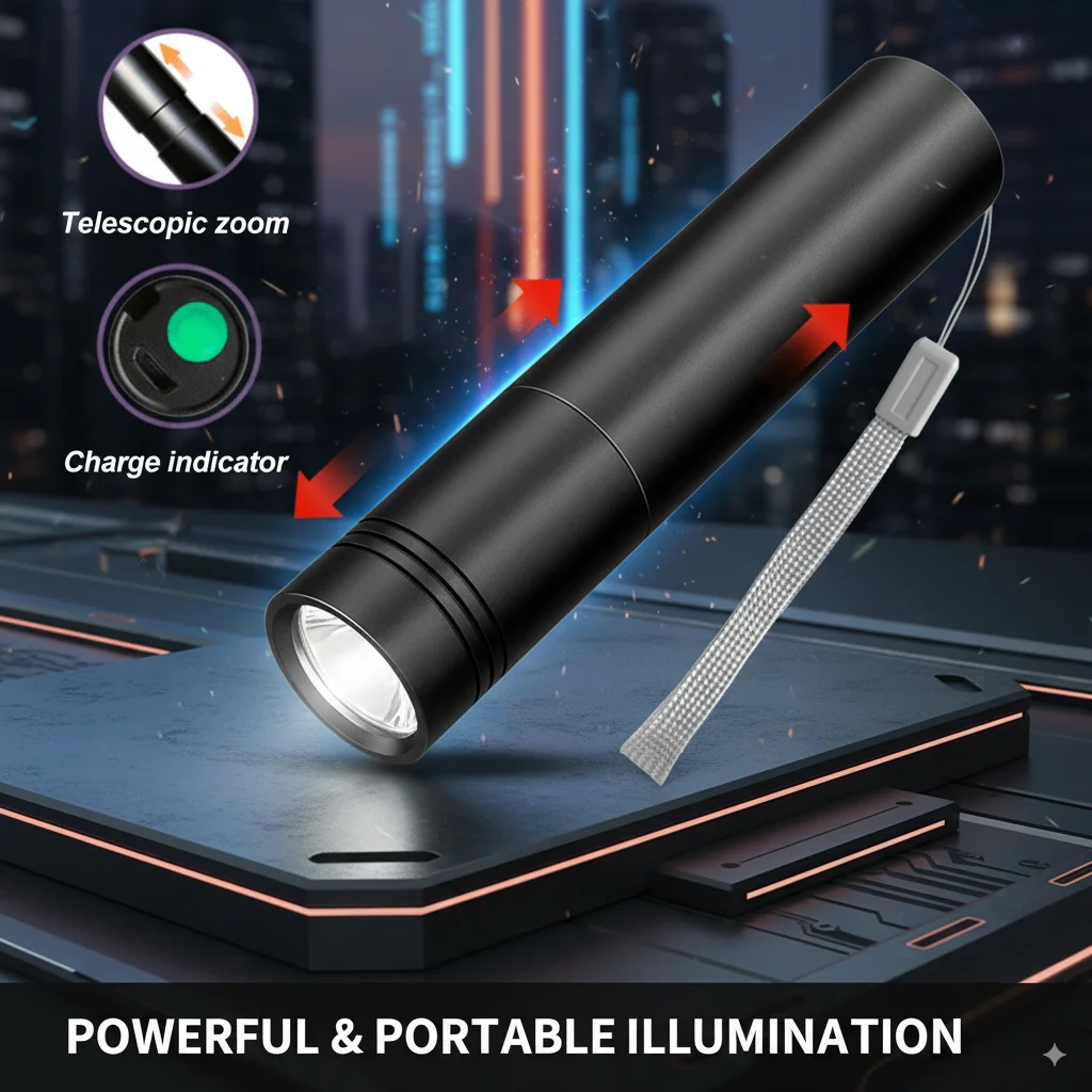 Mini Led Flashlight 6000k Waterproof Lamp Zoomable Flashlights Torches Usb Rechargable 3-light-modes Portable Rechargeable Wider