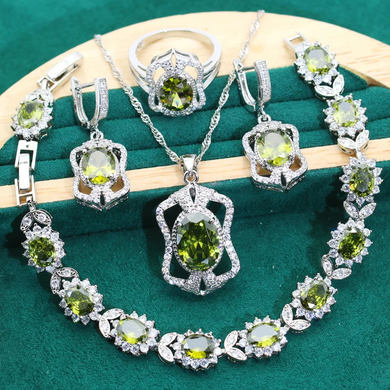 New Arrivals Necklace Wedding Sets Women Silver 925 Jewelry Olive Green Zircon Earrings Pendant Ring Bracelet Date Gift