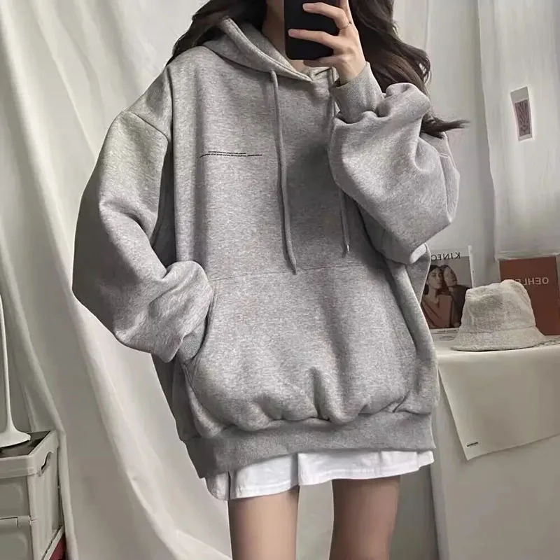 100% Cotton Letter Print Loose Sweatshirt Women Autumn Korean Oversized Lazy Style Casual Hoodie Harajuku All Match Streetwear