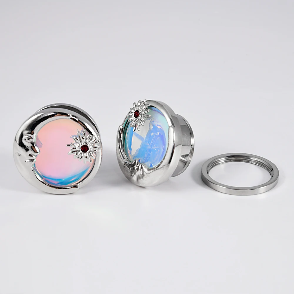 2PCS Stainless Steel Sun&Moon Ear Tunnel Plugs Earrings Flash Film Screw Fit On Gauges Expander Stretchers Piercing Body Jewelry