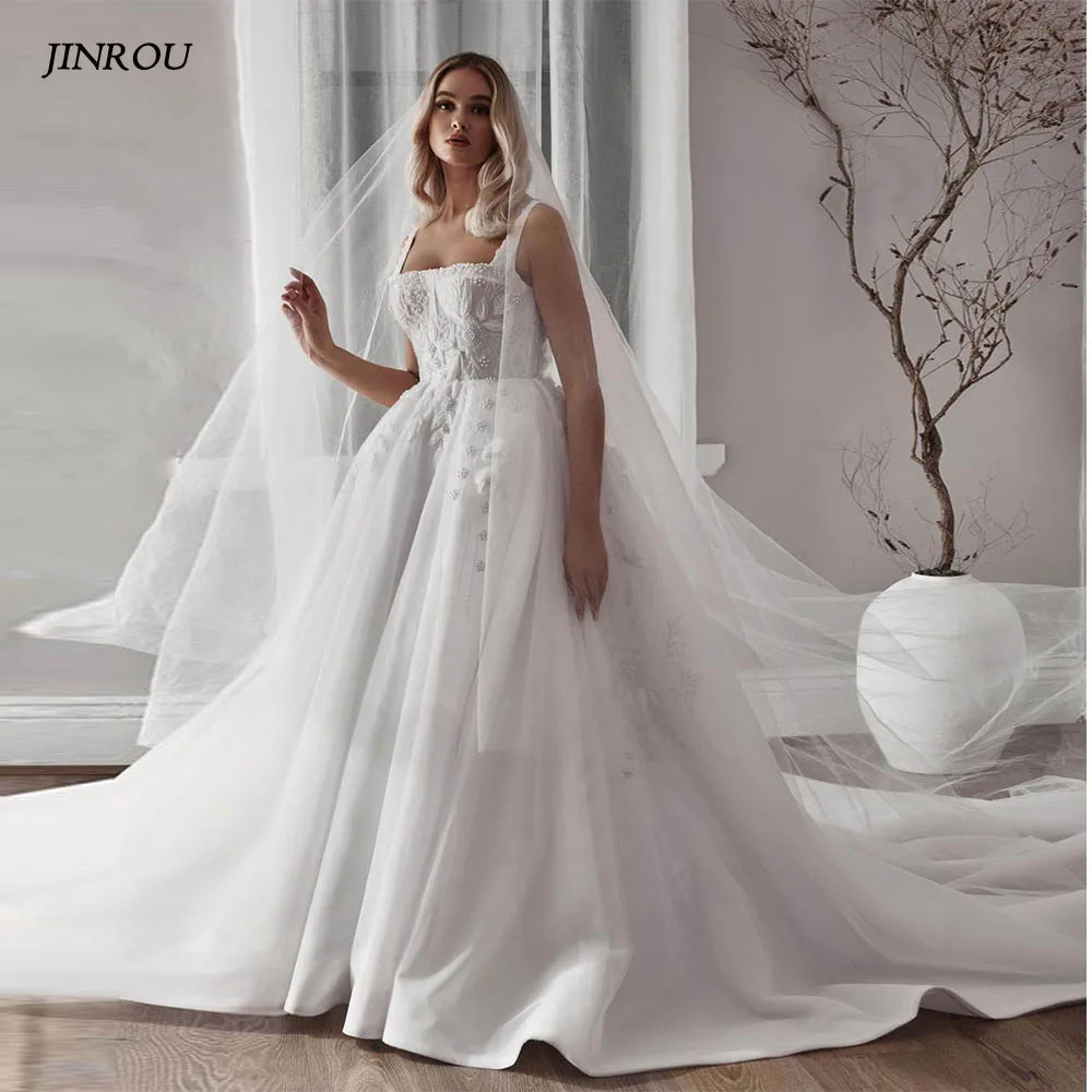 Classic Wedding Dresses Square Beading A Line Bridal Gowns Open Back Pearls Appliques Sweep Train Vestidos de novia Customized