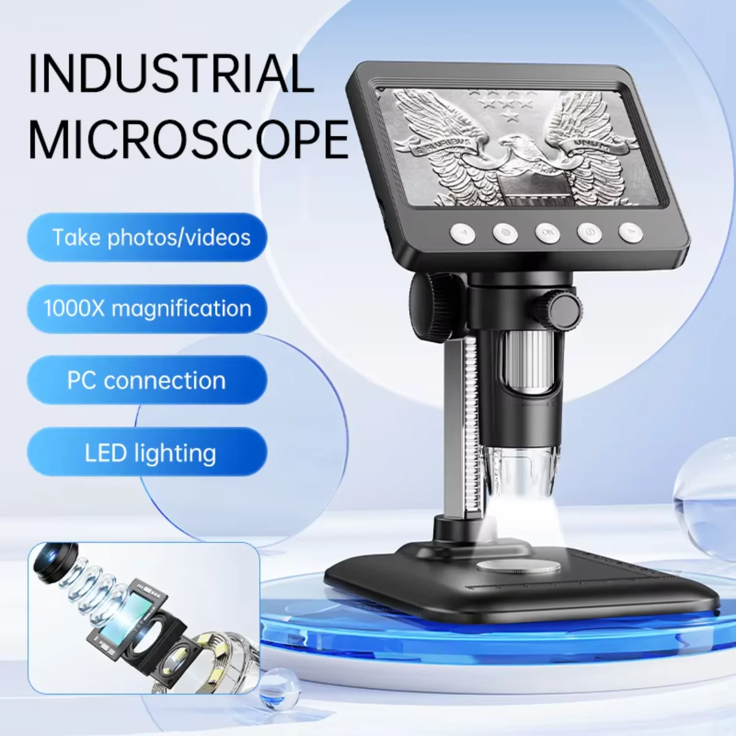 4.3'' Digital Microscope 1000X Coin Microscope 1080P Video Microscope forAdult Soldering Built-in  Compatible /