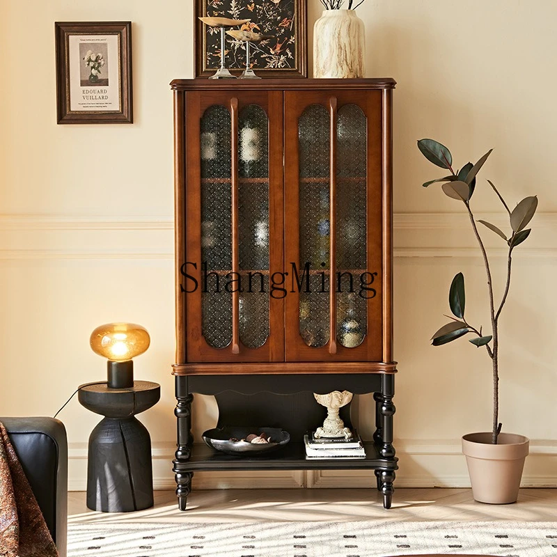 

ZYY medieval style solid wood side cabinet retro style living room home integrated storage glass cabinet door display cabinet
