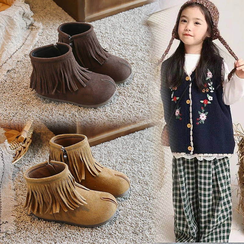 Toddler Girls Tassel Ankle Boots, Soft Matte Upper, Side Zipper, Non Slip Soft Sole for Autumn Daily Outdoor Wear