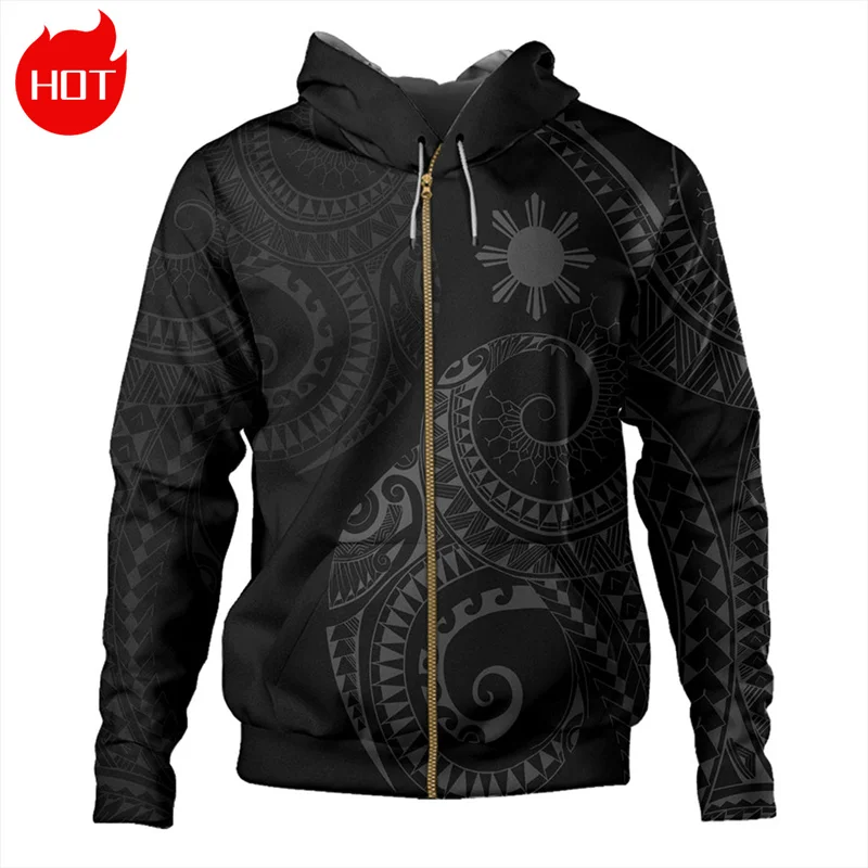 Polynesian Philippines Map Flag 3D Print Zip Up Hoodies Republic-of The Philippines Emblem Graphic Hooded Hoody Mens Sweatshirts