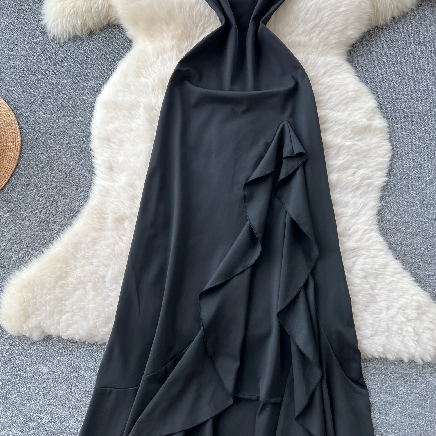 Chic vintage senza schienale con volant senza spalline Elegante fata moda coreana Boho Vestito estivo abbigliamento donna Abito lungo attillato