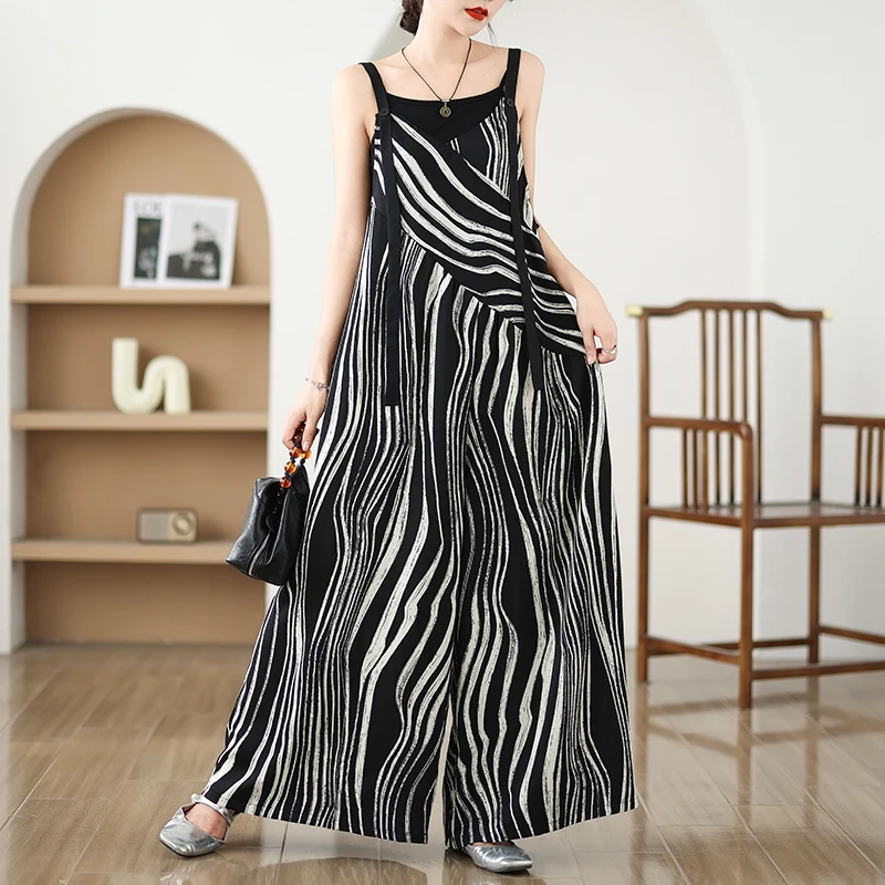 Retro Faionable Loose Thin Strap Rer Summer Wear High Waist Wide Leg Pants Long Pants High Waist All-Match Casual Pants