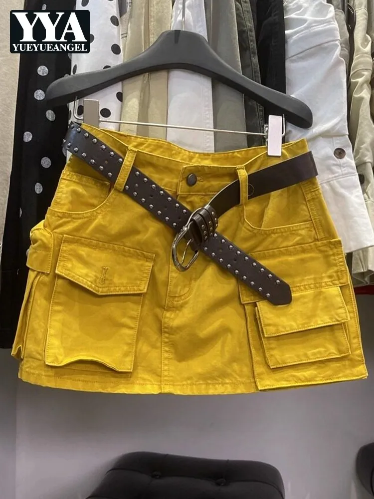 

Модная женская джинсовая юбка с множеством карманов, желтая, приталенная, А-силуэт, мини-юбка, повседневная, уличный стиль, новая дизайнерская летняя короткая юбка