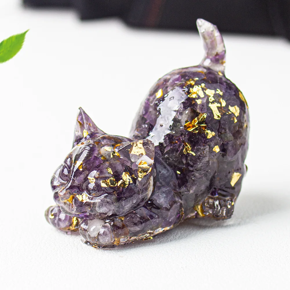 Desktop Figurine，Natural Crystal Crushed Resin Curved Tail Cat Statue, Kitten Tabletop Decor for Home Office