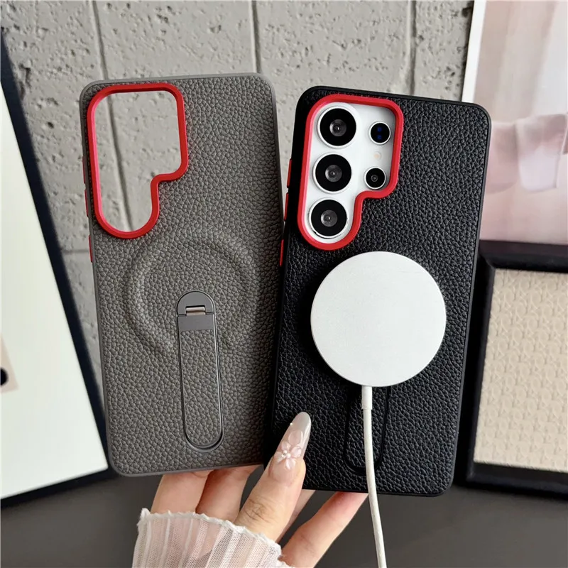 Leather phone case for Samsung S25 Plus S26 Ultra and S26 Edge with built-in hidden stand magnetic ring wear-resistant case