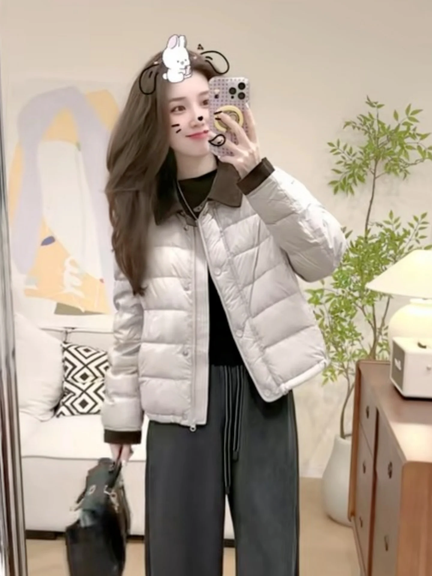 

Women's Short Puffer Jacket White Duck down Stand Collar Warmth Stylish Loose Fit Slimming Outerwear Winter New Arrival