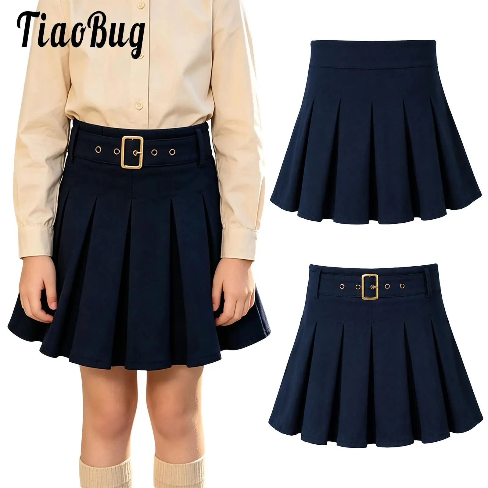 Kids Girls School Uniform Pleated Skirts Side Zipper A-line Skirt with Built-in Shorts for School Wear Outings Vacation