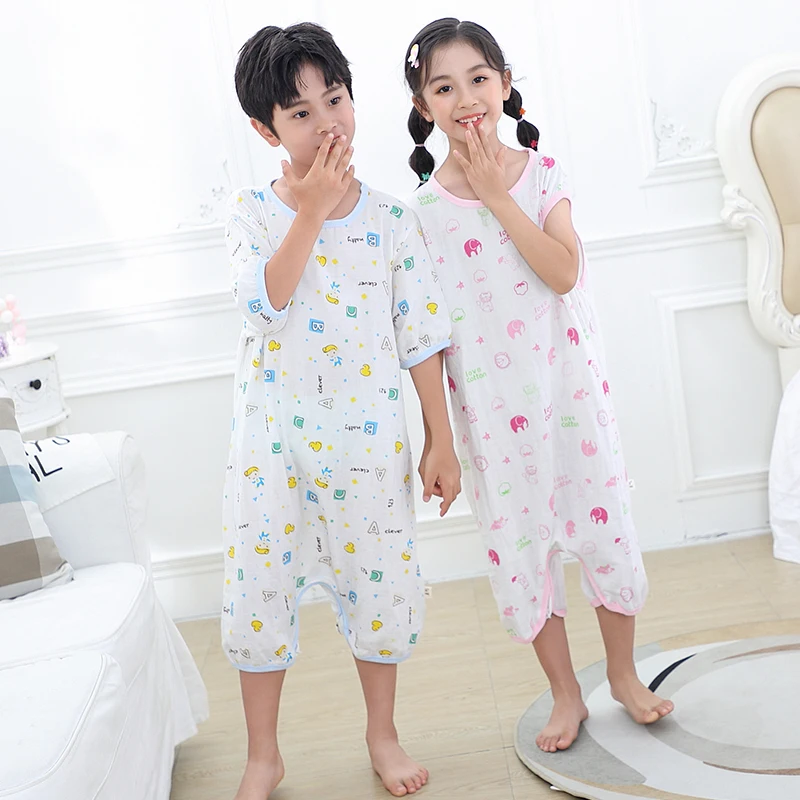 Verano dibujos animados gasa pierna abierta saco de dormir mono para niños pijamas pantalones cortos de manga corta temperatura 29 ℃