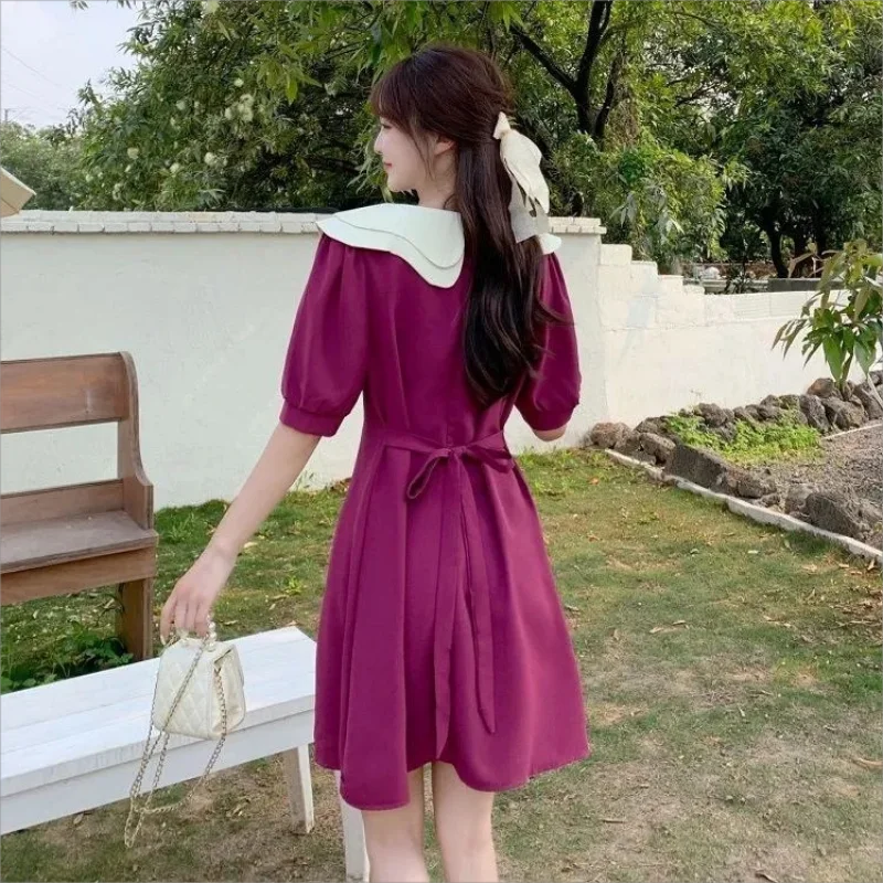 Japan Senior Sense Double Layer Doll Collar Dress Female 2024 Summer Temperament Collision Colour Waist Thin Short-sleeved Dress