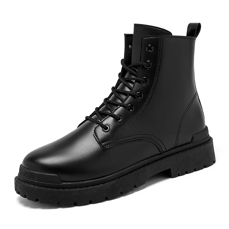 Botines de cuero con cordones para hombre, botas cortas de motocicleta, zapatos de trabajo de punta redonda para jóvenes, novedad de otoño e invierno