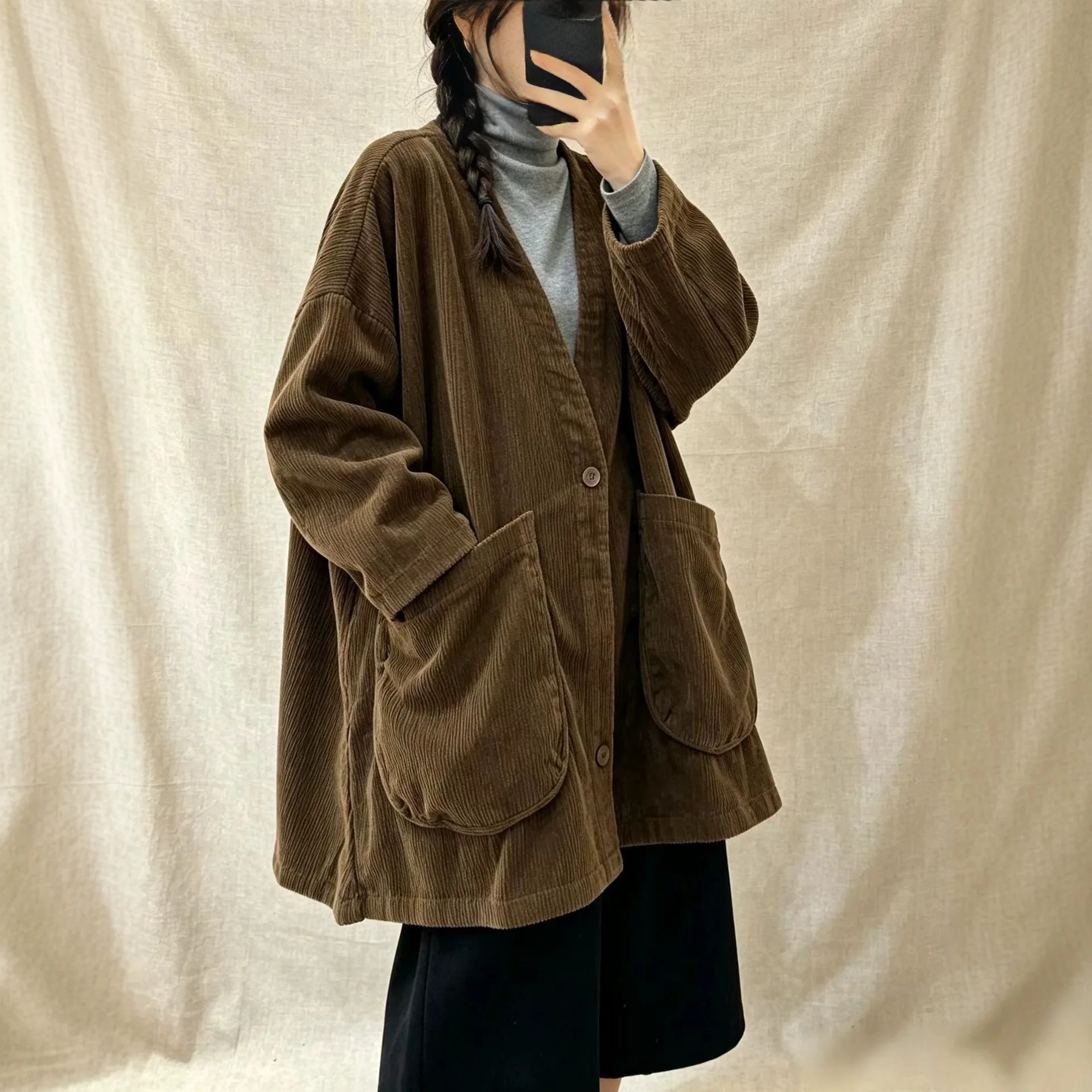 SuperAen 2026 Autumn New Corduroy Coat for Women Loose Mid-Length V-Neck Large Pockets Retro Solid Color Simple Coat
