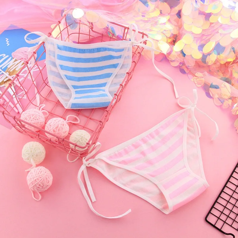 Adorable Kawaii Blue Pink and White Striped Panties Premium Cotton Briefs for Women Cos Lolita Maid Bandage Underwear Lingerie