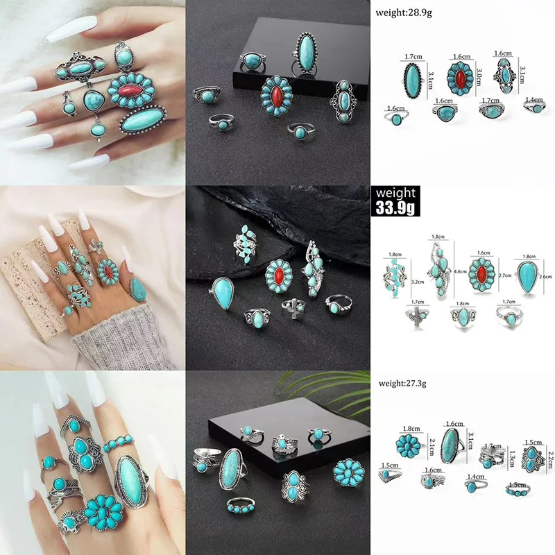 Bohemian Pearl Zircon Flower Elephant Ring for Party Vintage Turquoise Hollowed Out Water Droplet Set Ring New Jewelry for Women